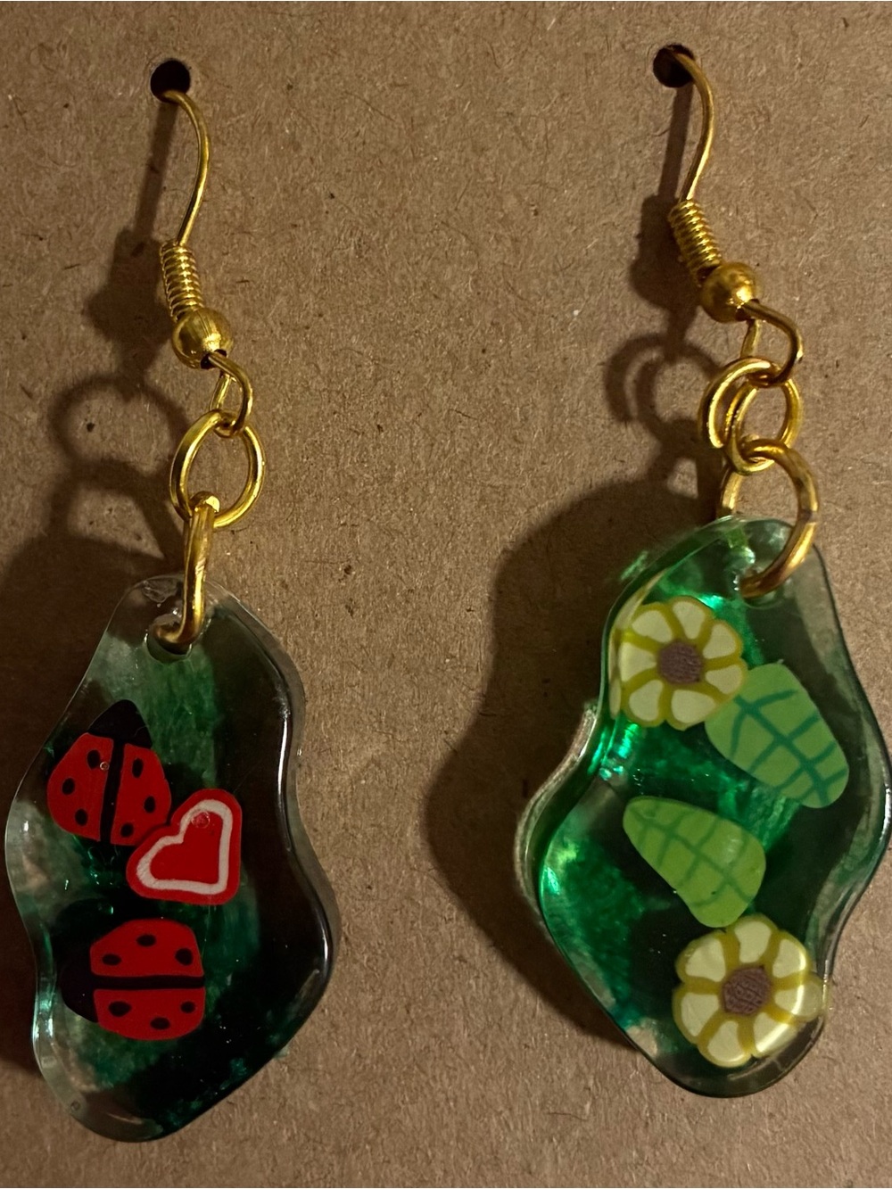 Green Ladybug & Flower Resin Drop Earrings
